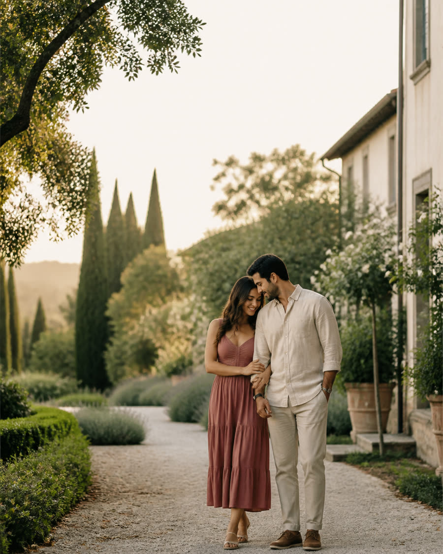 Casal caminhando em um jardim na prévia do convite