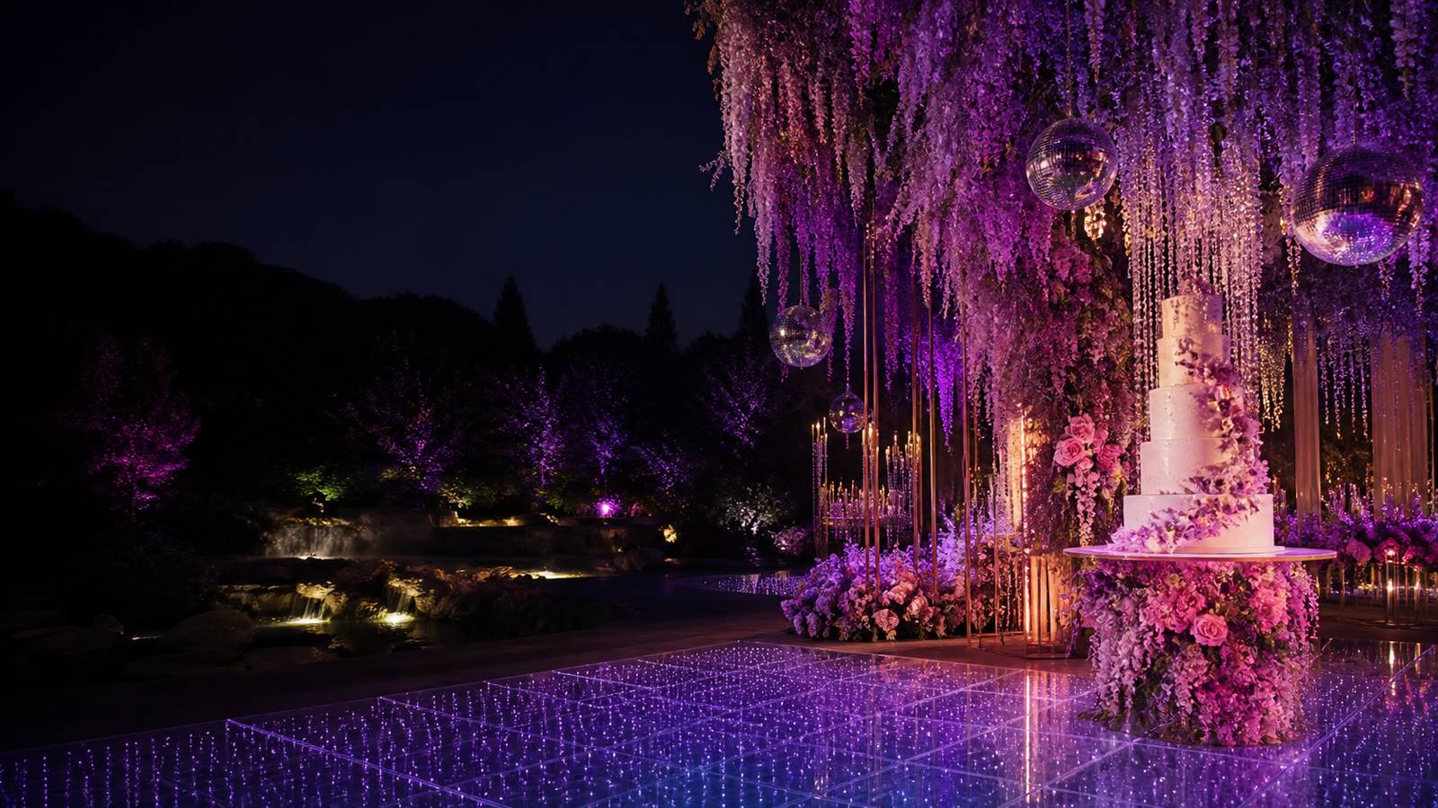 Festa de 15 anos em jardim noturno com flores violetas