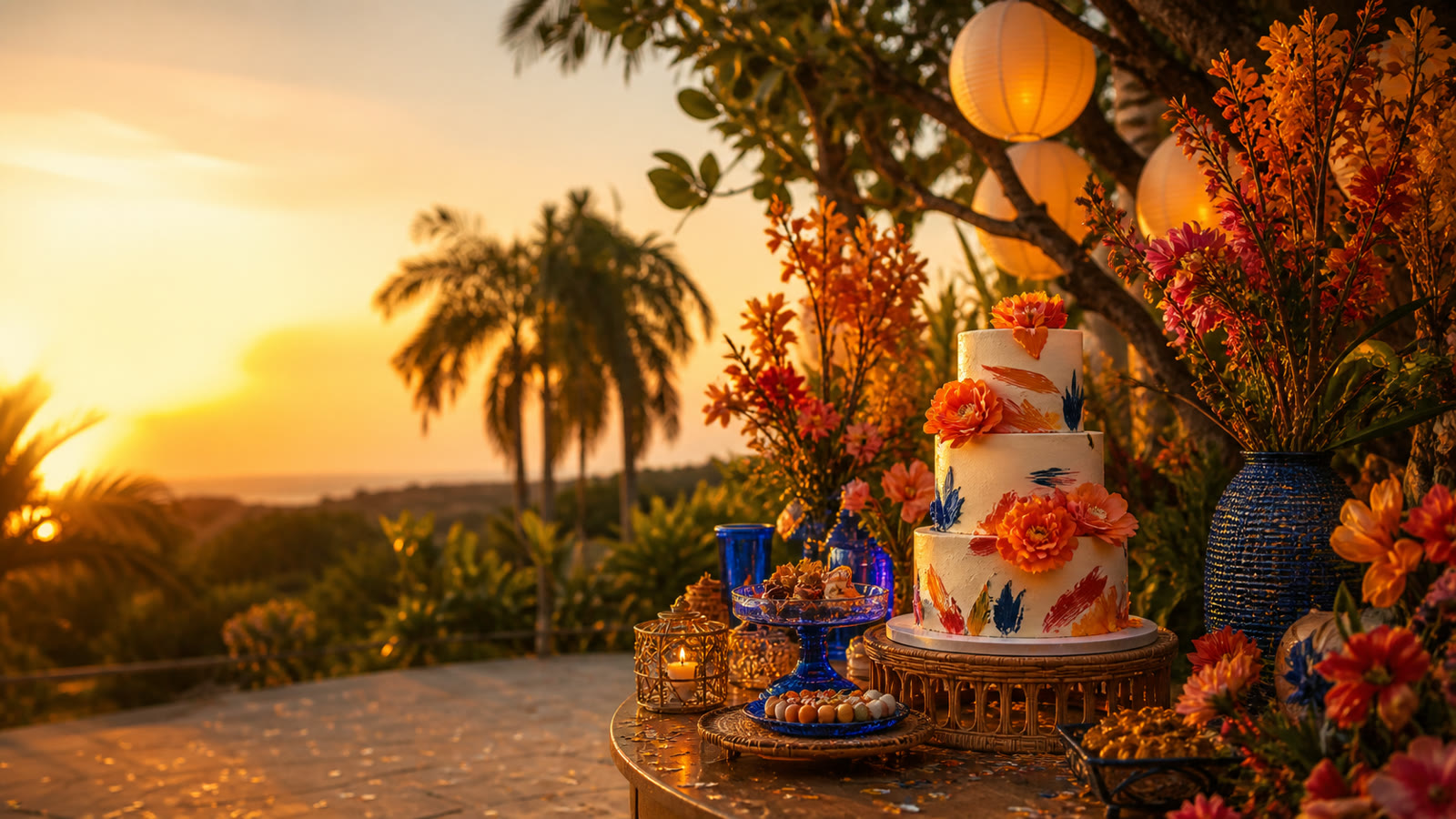Mesa de aniversário tropical em um jardim ao pôr do sol