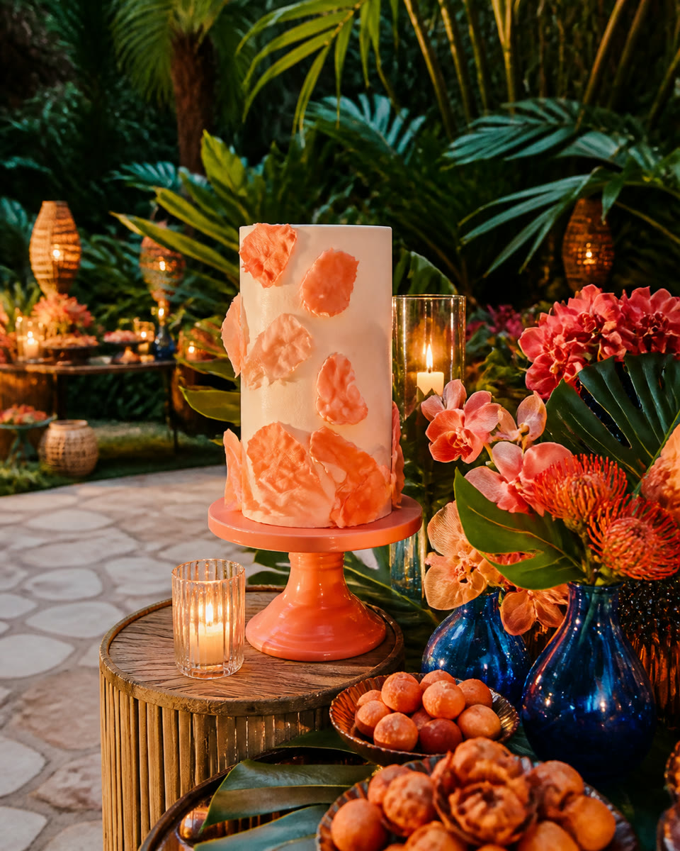 Bolo e flores tropicais em um convite de aniversário