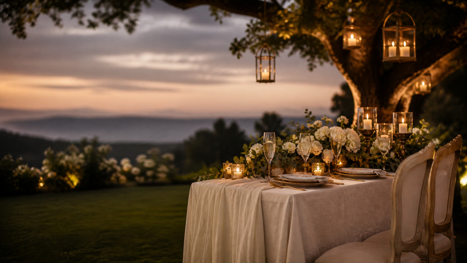 Jantar elegante de bodas em um jardim ao entardecer