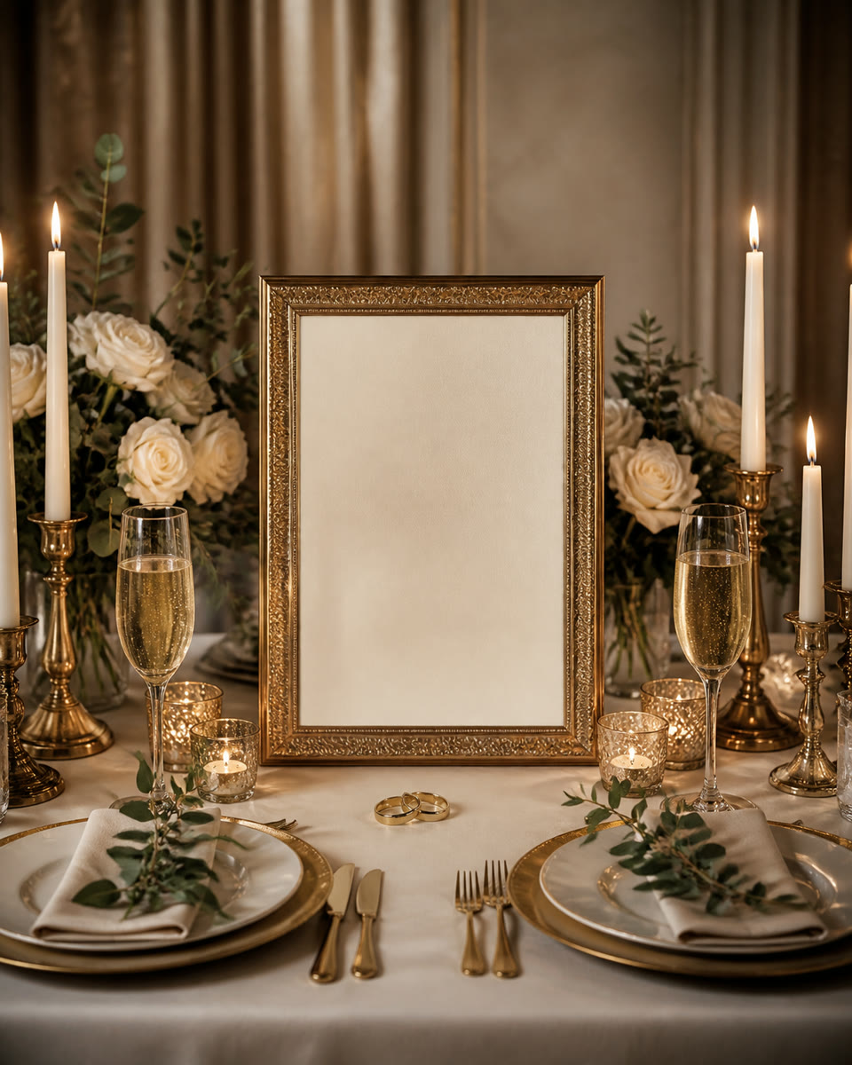 Mesa elegante com moldura e velas em uma prévia de bodas