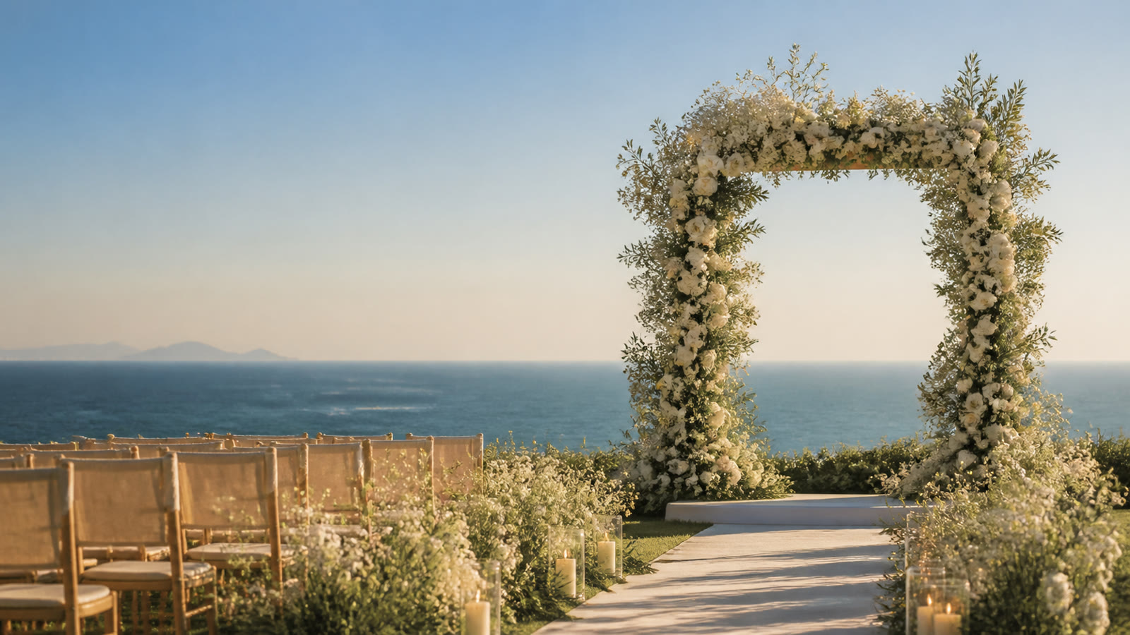 Cerimônia de casamento à beira-mar com flores brancas