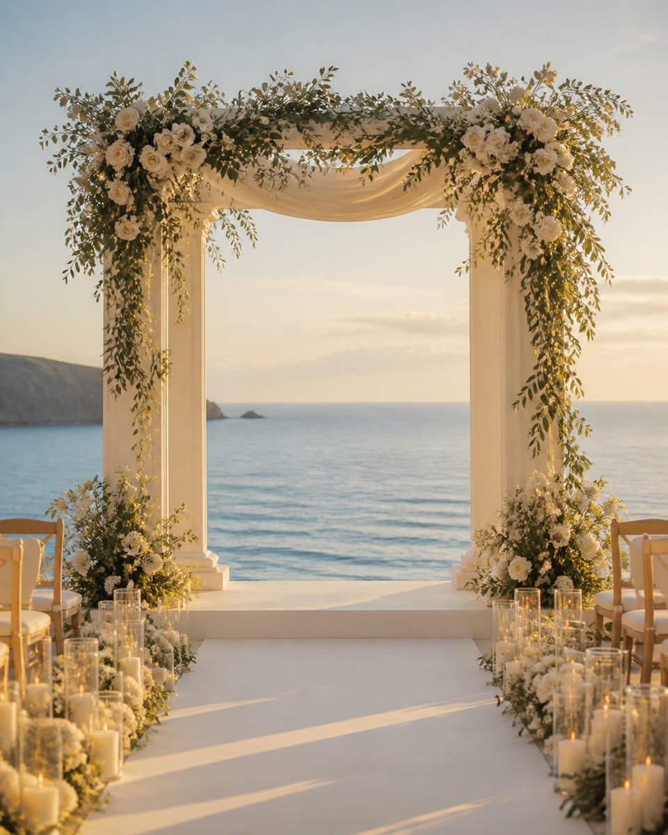 Cerimônia à beira-mar em uma prévia de convite de casamento