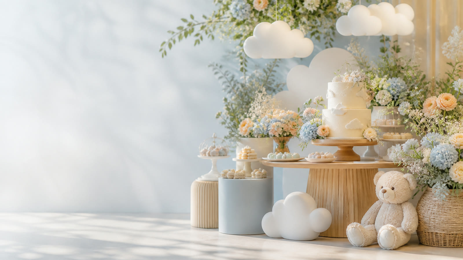 Decoração delicada de chá de bebê com nuvens e ursinho