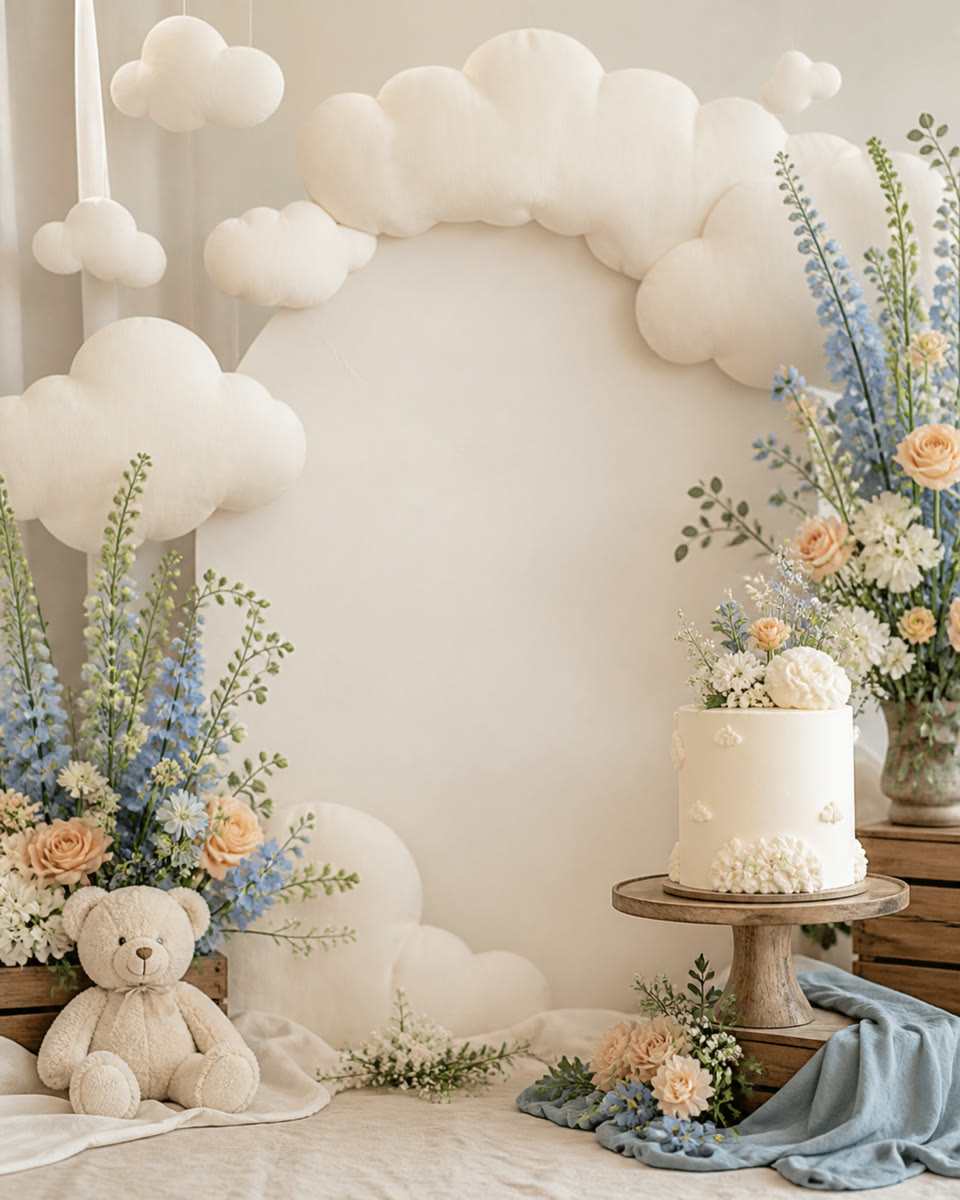 Nuvens, flores e ursinho na prévia de chá de bebê